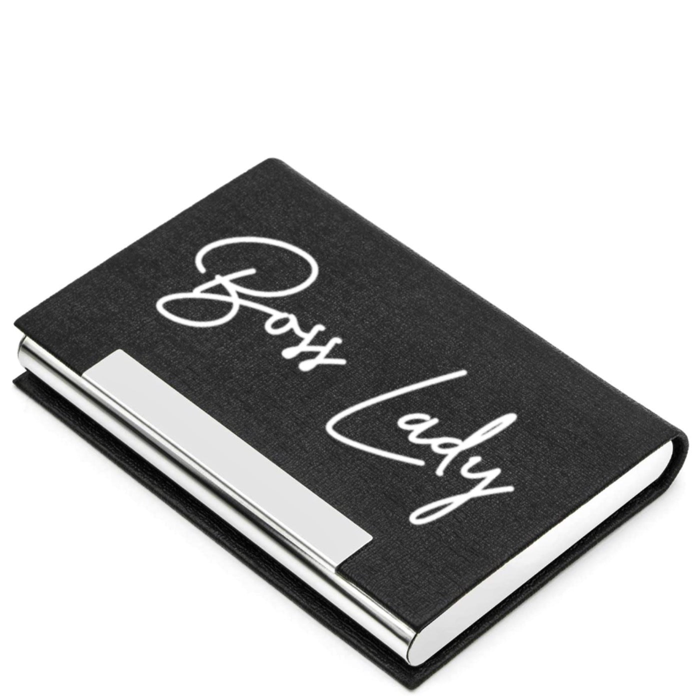 Black business card holder with silver lettering. Unique accessory for women's purse.