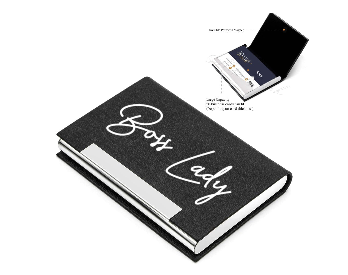 Black business card holder personalized with boss lady in silver.