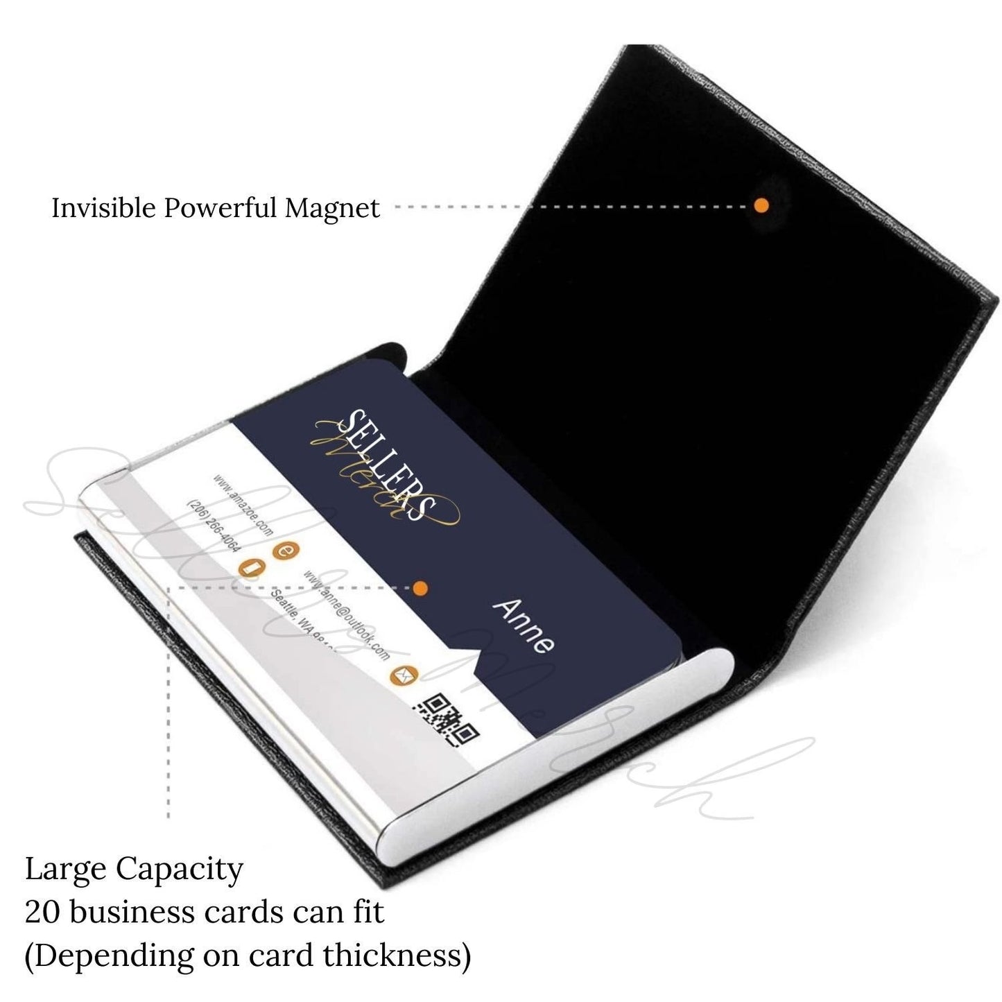 Black business card holder with large capacity and invisible magnetic closure.