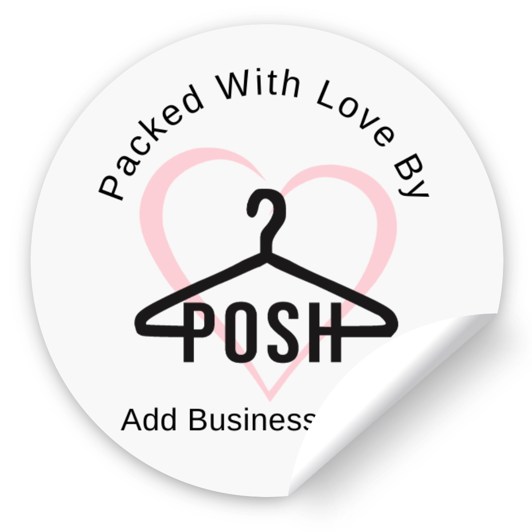 White sticker with packed with love in black lettering. Also has pink heart and black hanger with area to add business name.